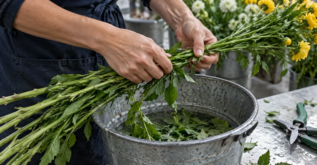 花の茎を扱う水仕事の手元。実際のブランドスタッフではない架空イメージ